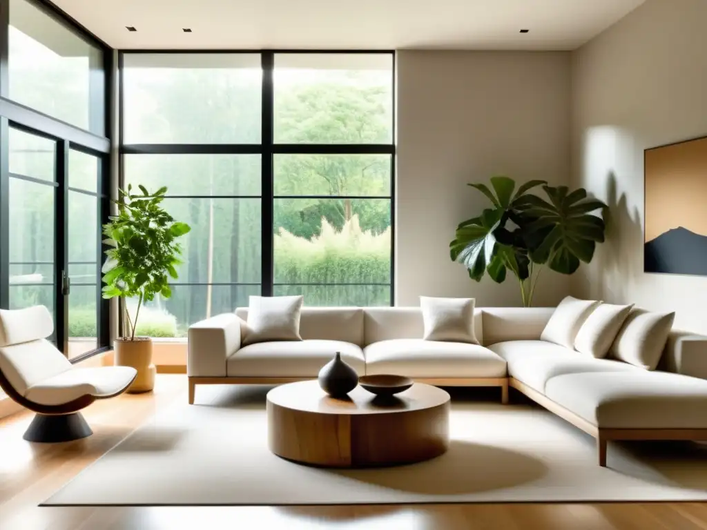 Salón minimalista con diseño ecoamigable y Feng Shui, transmitiendo armonía y tranquilidad