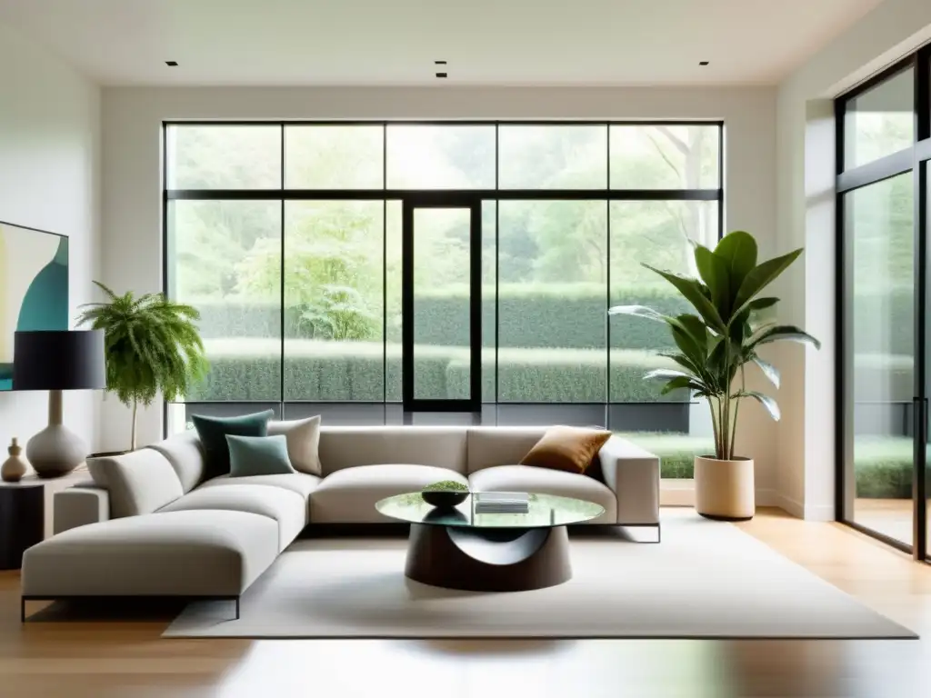 Salón minimalista con diseño equilibrado, luz natural, decoración elegante en tonos tierra y elementos de Feng Shui aplicado diseño hogar