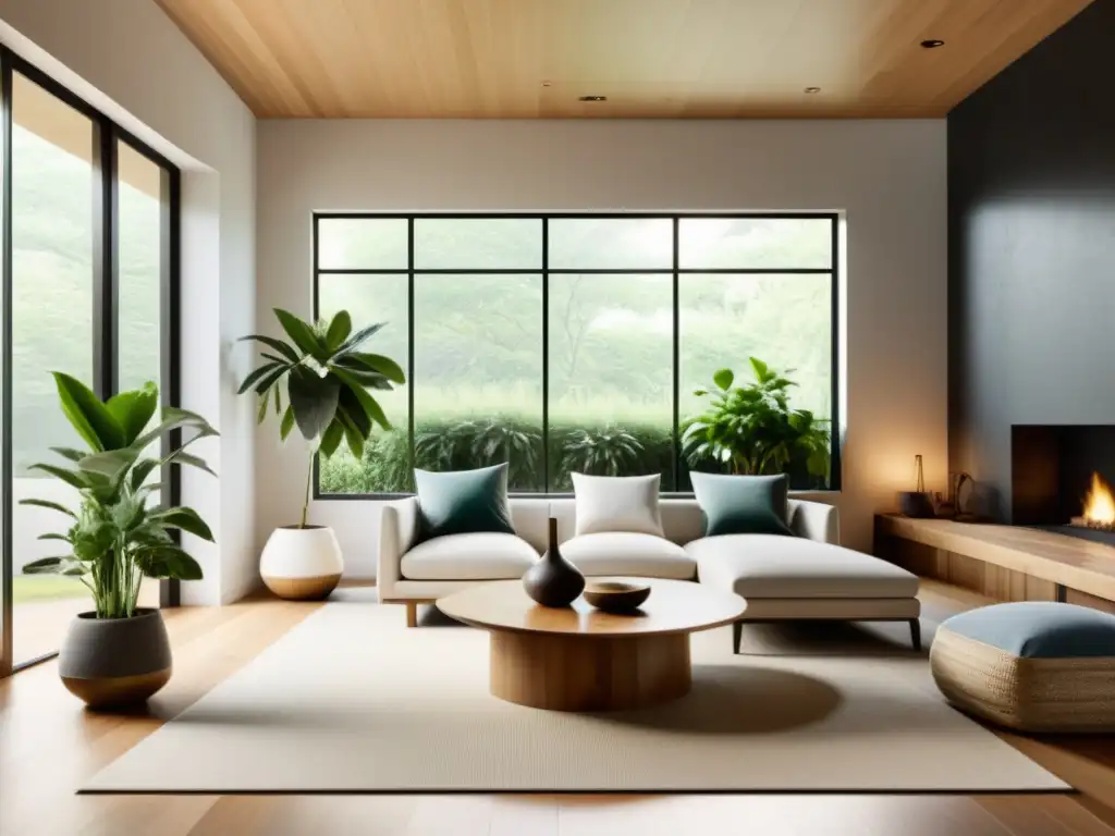 Salón minimalista con diseño sostenible y Feng Shui, bañado en luz natural y materiales orgánicos