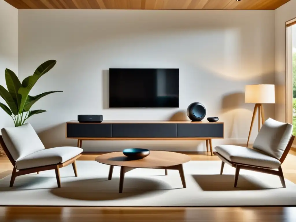 Salón minimalista con disposición dispositivos Bluetooth y WiFi, equilibrio entre tecnología y tranquilidad