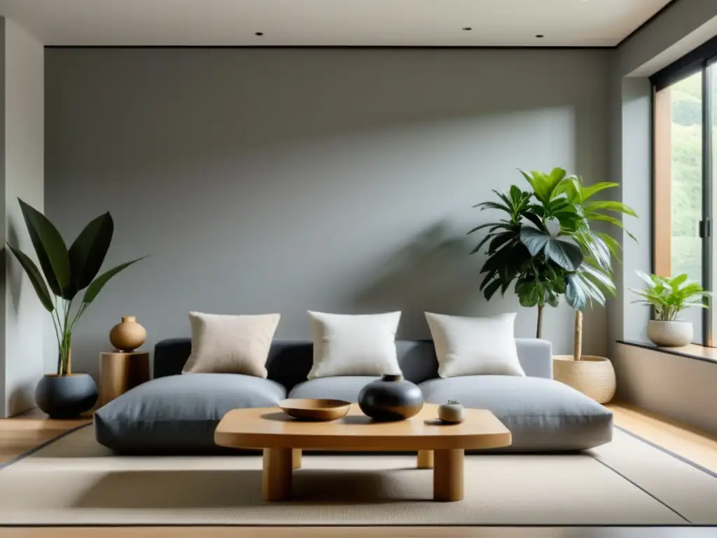 Salón minimalista con disposición Feng Shui de mobiliario hogar en tonos neutros y luz natural