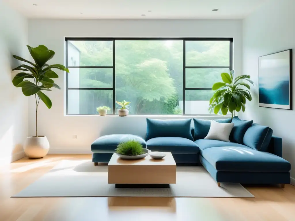 Serenidad y armonía en sala minimalista con toques de color suave Salón minimalista con efecto mariposa en decoración Feng Shui, muebles neutros y toques suaves de azul y verde, rodeado de luz natural