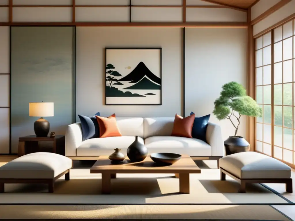 Salón minimalista con elementos culturales que siguen principios de Feng Shui para armonía