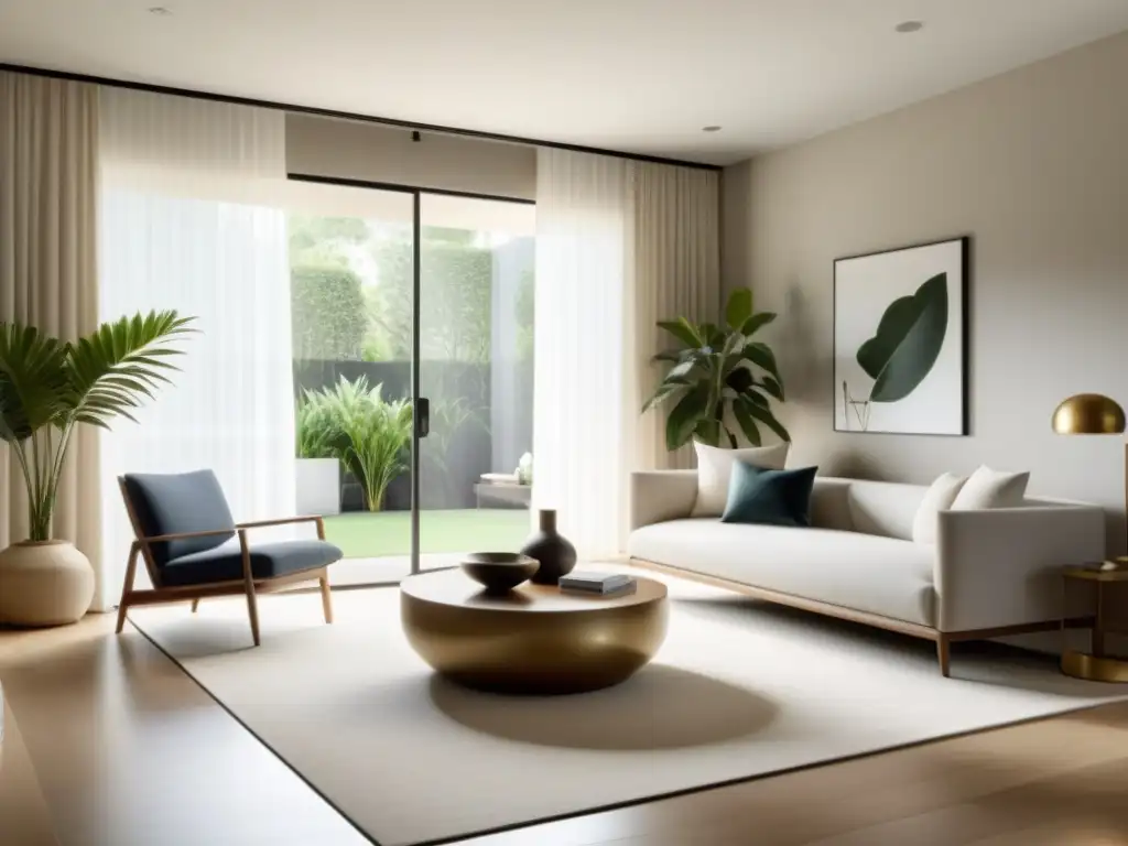 Salón minimalista con elementos Feng Shui para espacios modernos, transmitiendo armonía y tranquilidad