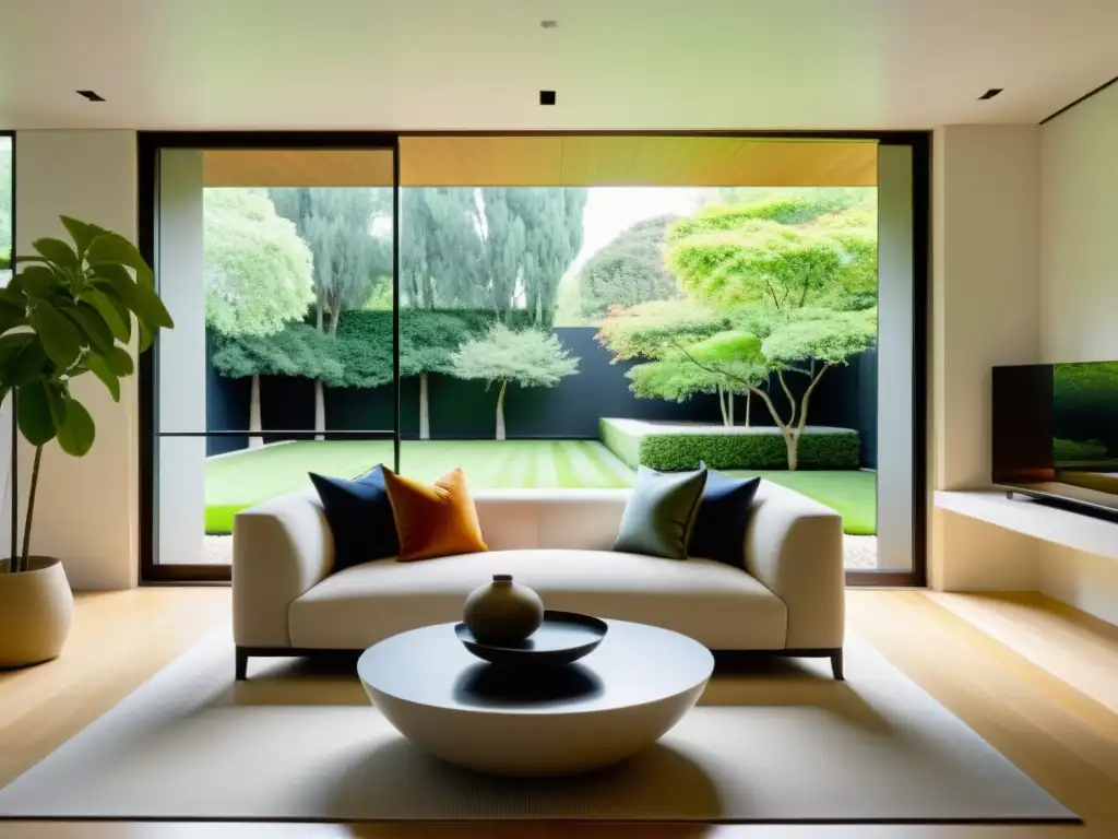 Salón minimalista con elementos modernos en el Feng Shui, ventana grande con vista a jardín sereno y equilibrio entre diseño moderno y tradicional