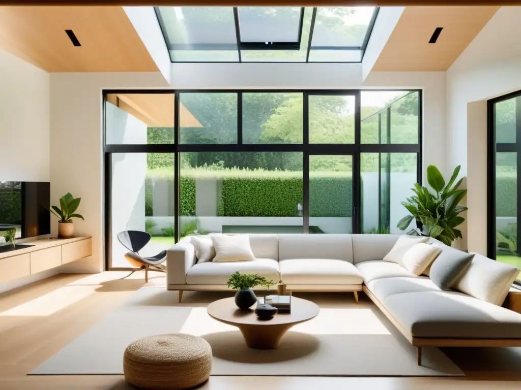 Salón minimalista con energía renovable y Feng Shui, vista a jardín verde y paneles solares en techo moderno