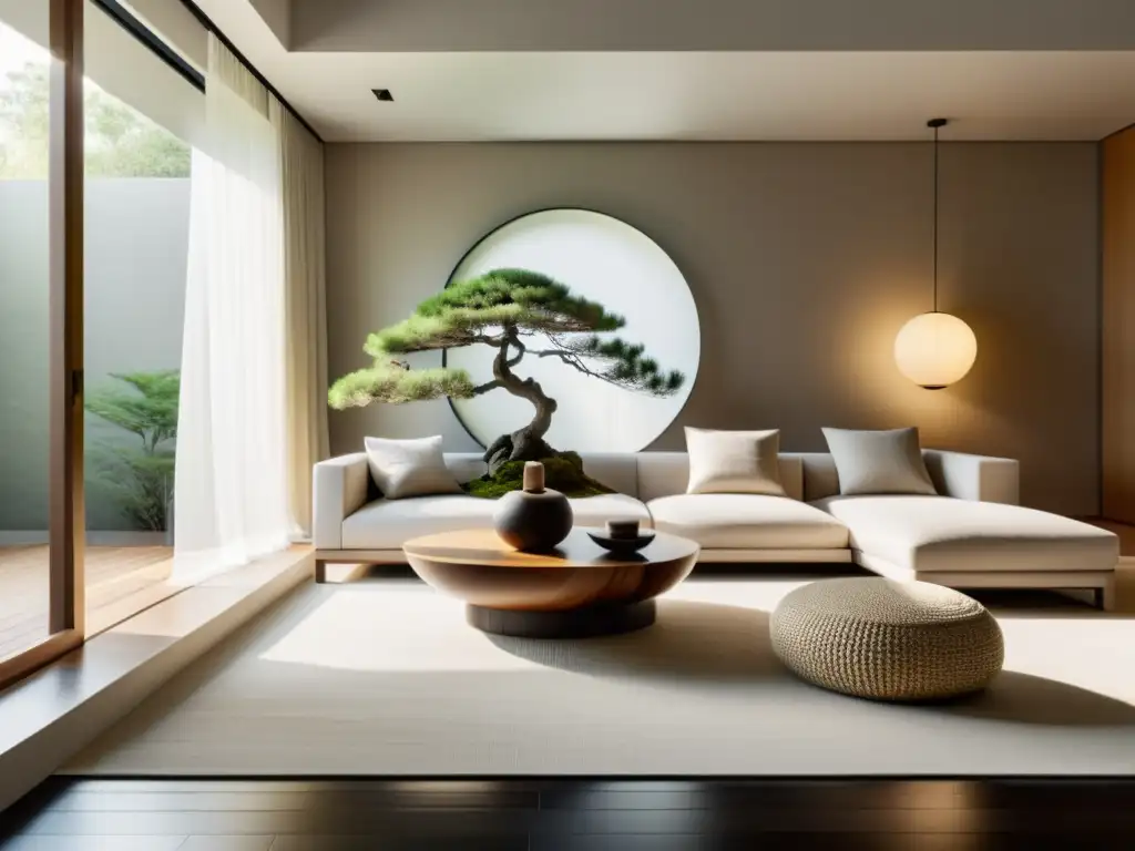 Un salón minimalista equilibrando energías opuestas con Feng Shui, con luz natural y decoración yin yang