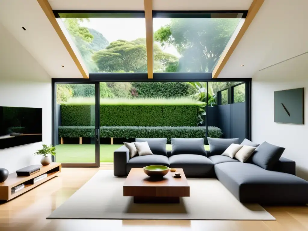 Salón minimalista con energías renovables y armonía Feng Shui en jardín verde