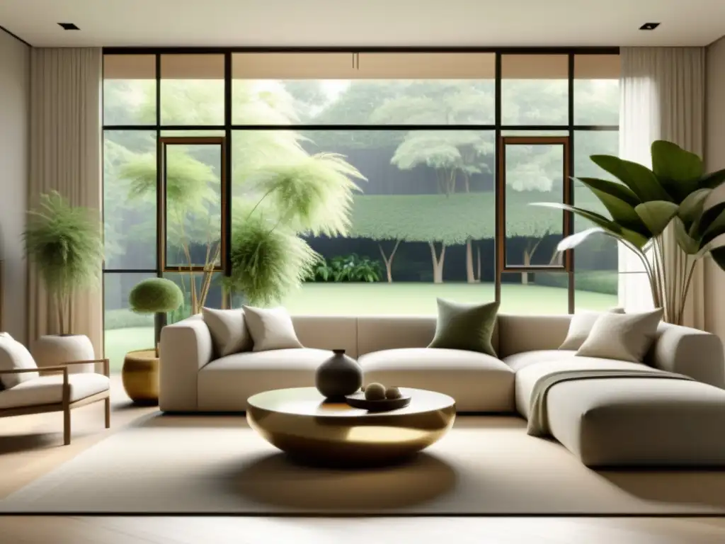 Salón minimalista, equilibrado y armonioso con elementos de Feng Shui