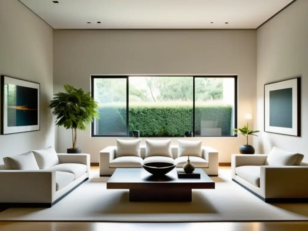 Salón minimalista y armonioso con luz natural Salón minimalista simétrico con equilibrio y armonía en tonos neutros, efecto mariposa en decoración feng shui