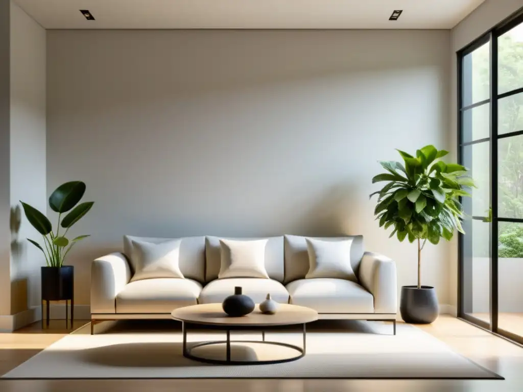 Salón minimalista con equilibrio y armonía, integración filosofía Feng Shui diseño moderno