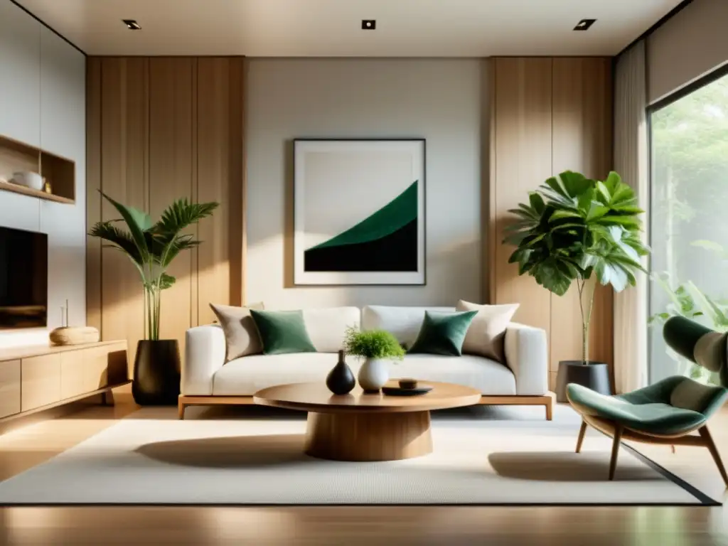 Un salón minimalista con equilibrio en el diseño interior Feng Shui, muebles, elementos naturales y luz suave