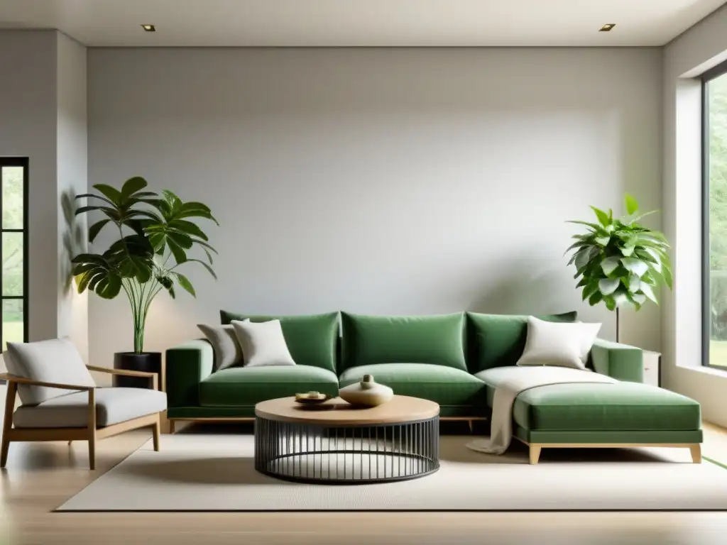 Salón minimalista con equilibrio y fusión estilo moderno Feng Shui, luz natural y planta verde