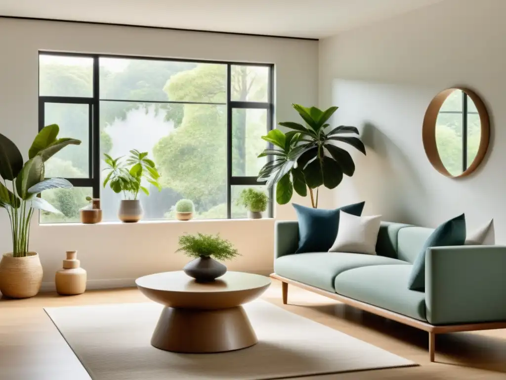 Salón minimalista con equilibrio, luz natural y consejos Feng Shui para energía hogar