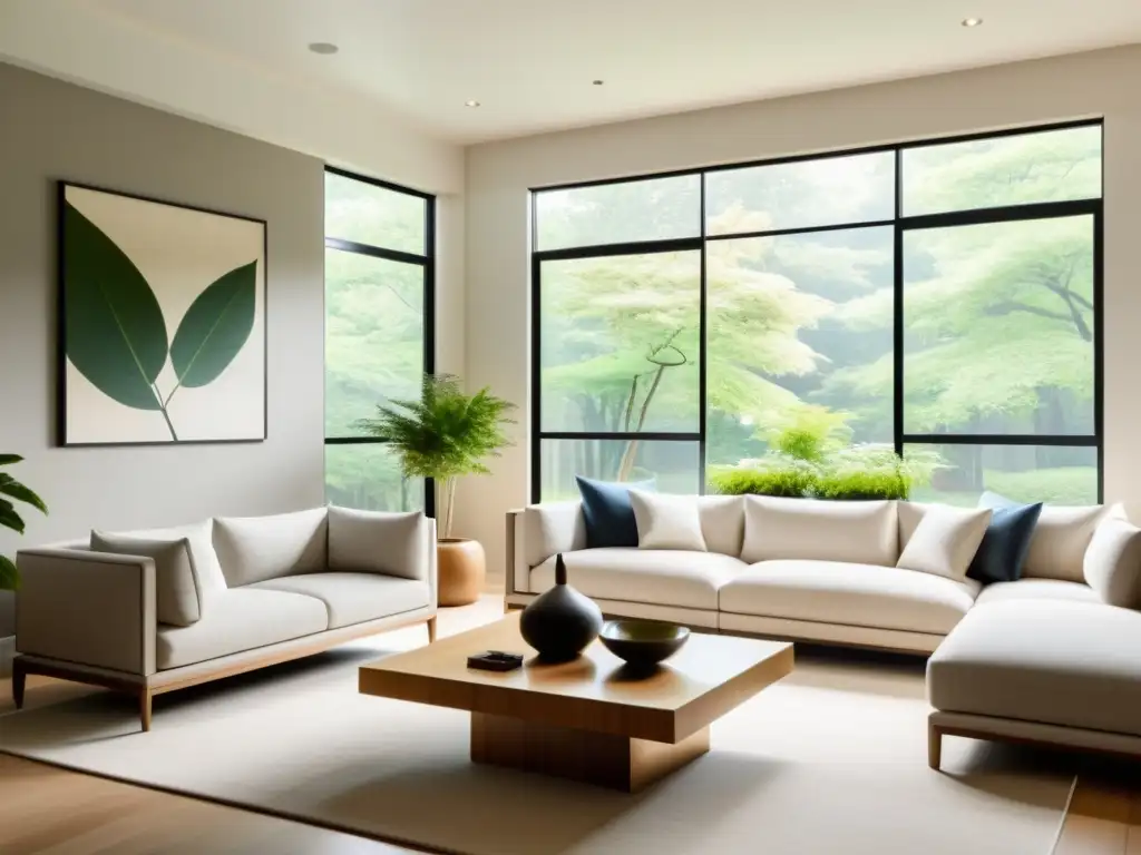 Salón minimalista con equilibrio Feng Shui, luz natural y realidad aumentada en el hogar