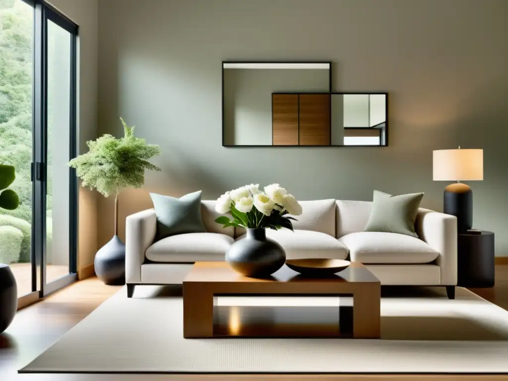 Salón minimalista con equilibrio de muebles y decoración según principios Feng Shui