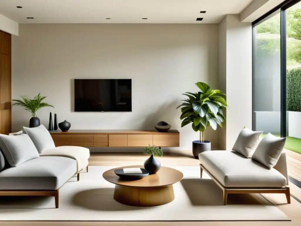 Salón minimalista con Feng Shui, equilibrio y sistemas de audio integrados en el diseño