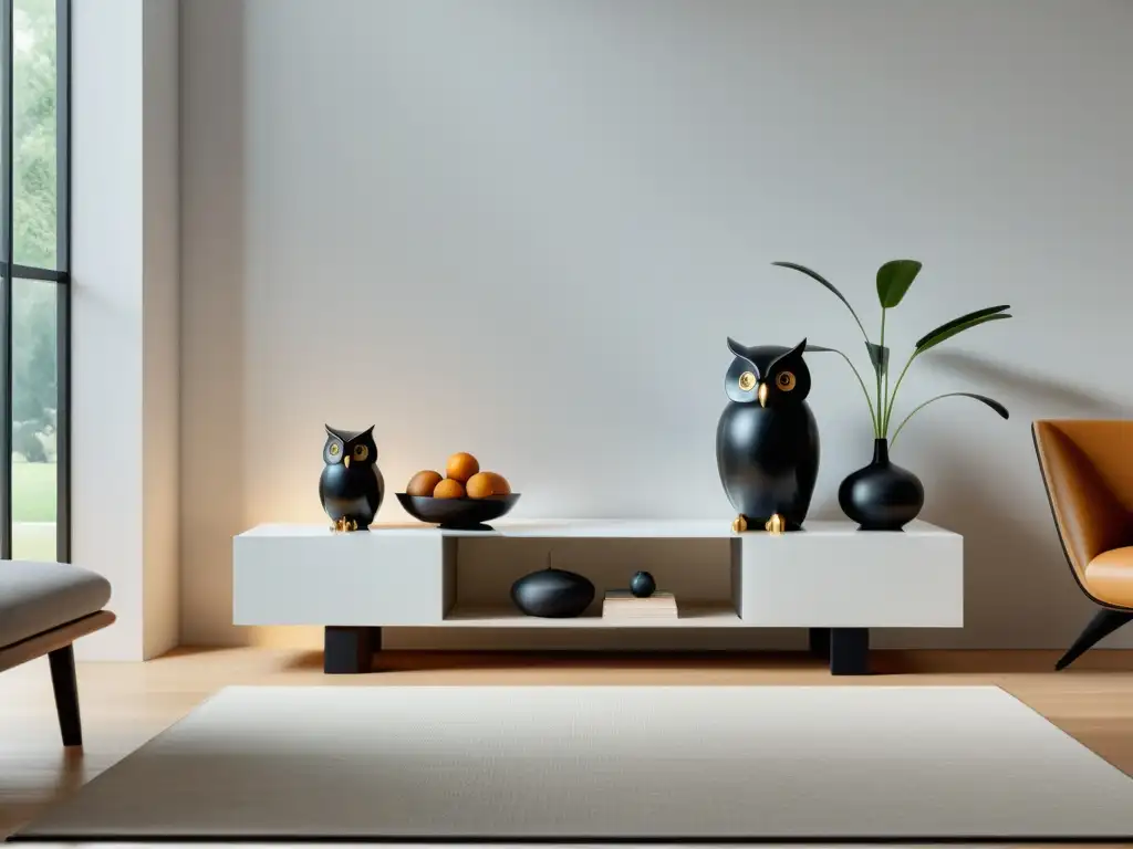 Un salón minimalista con esculturas de animales que crean un equilibrio energético sereno