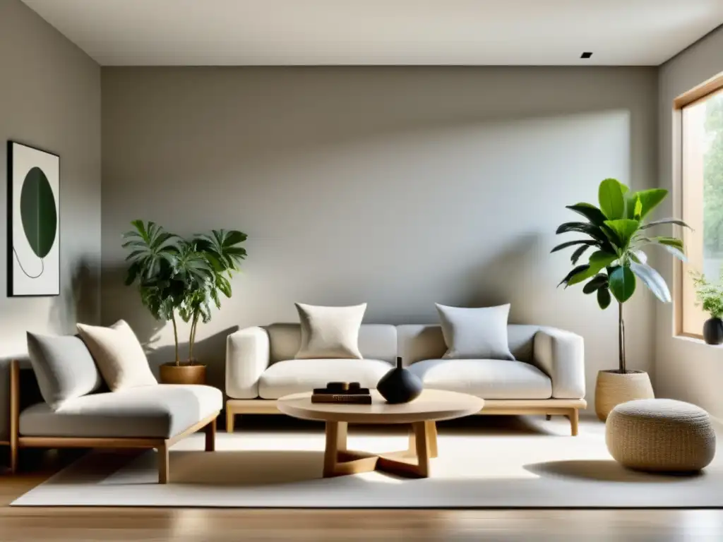 Salón minimalista con espacio negativo en el Feng Shui, elegante y tranquilo en colores neutros y líneas limpias