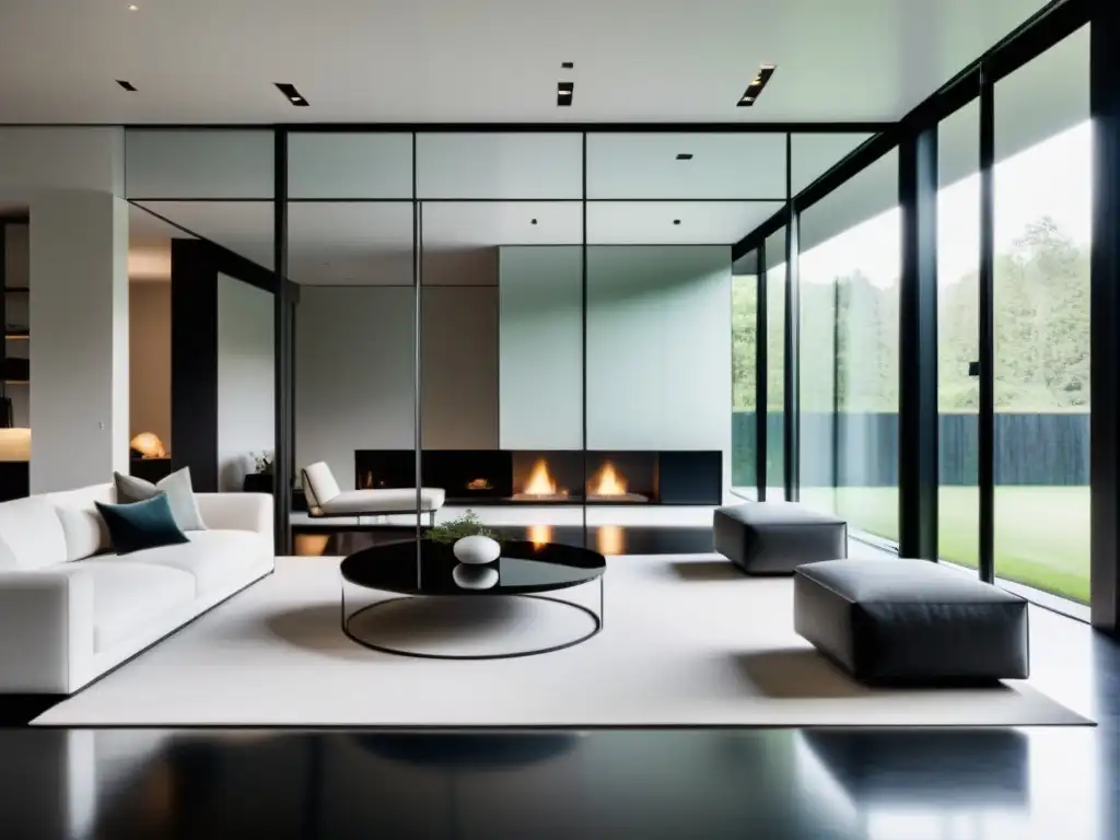 Salón minimalista con espejos para ampliar espacio Feng Shui, elegante y luminoso en tonos neutros