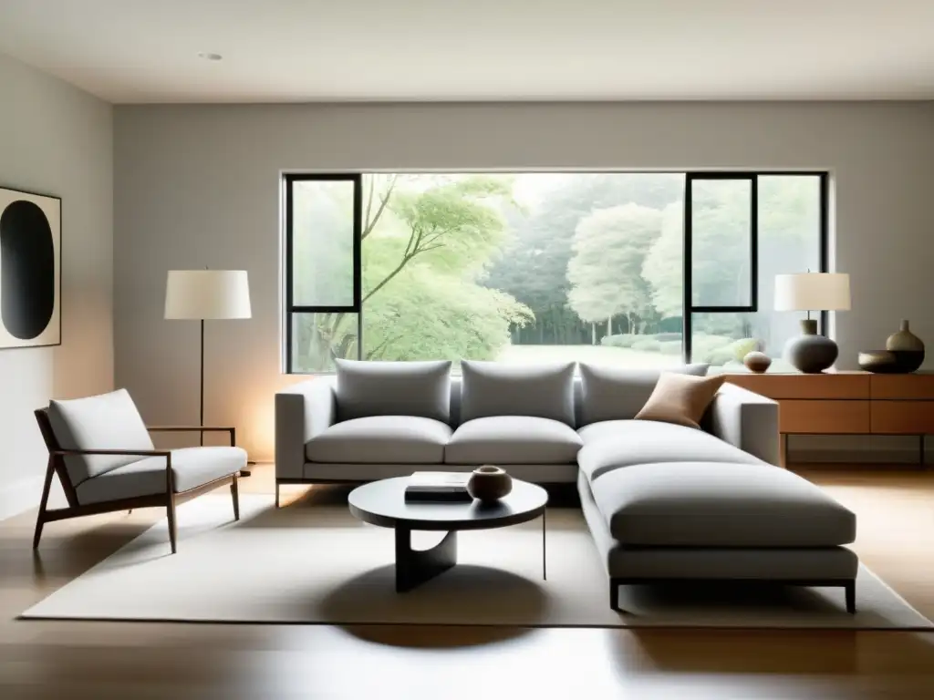 Salón minimalista con fusión estilo moderno Feng Shui, muebles neutros y ambiente sereno