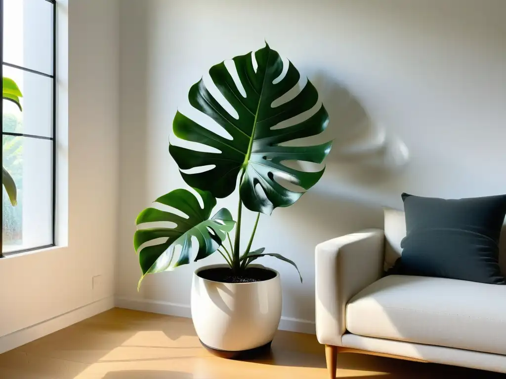 Un salón minimalista con una exuberante planta de interior para feng shui, creando un ambiente cálido y equilibrado