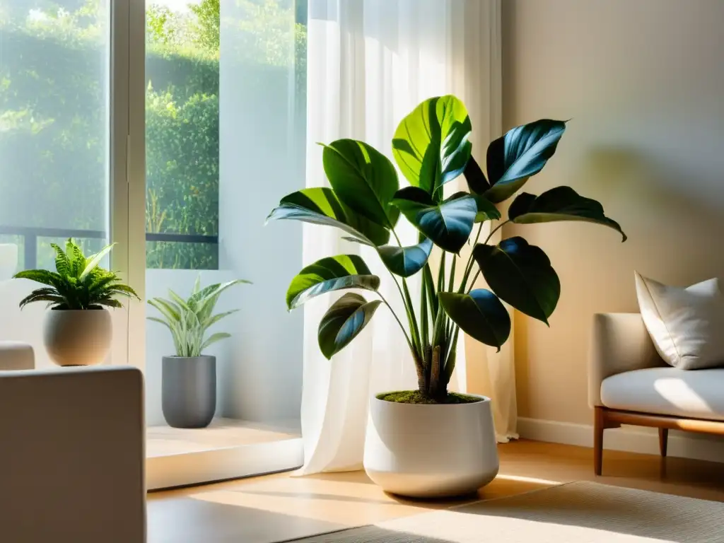 Un salón minimalista con una exuberante planta de interior para armonía en una maceta de cerámica, bañado por suave luz solar a través de una cortina