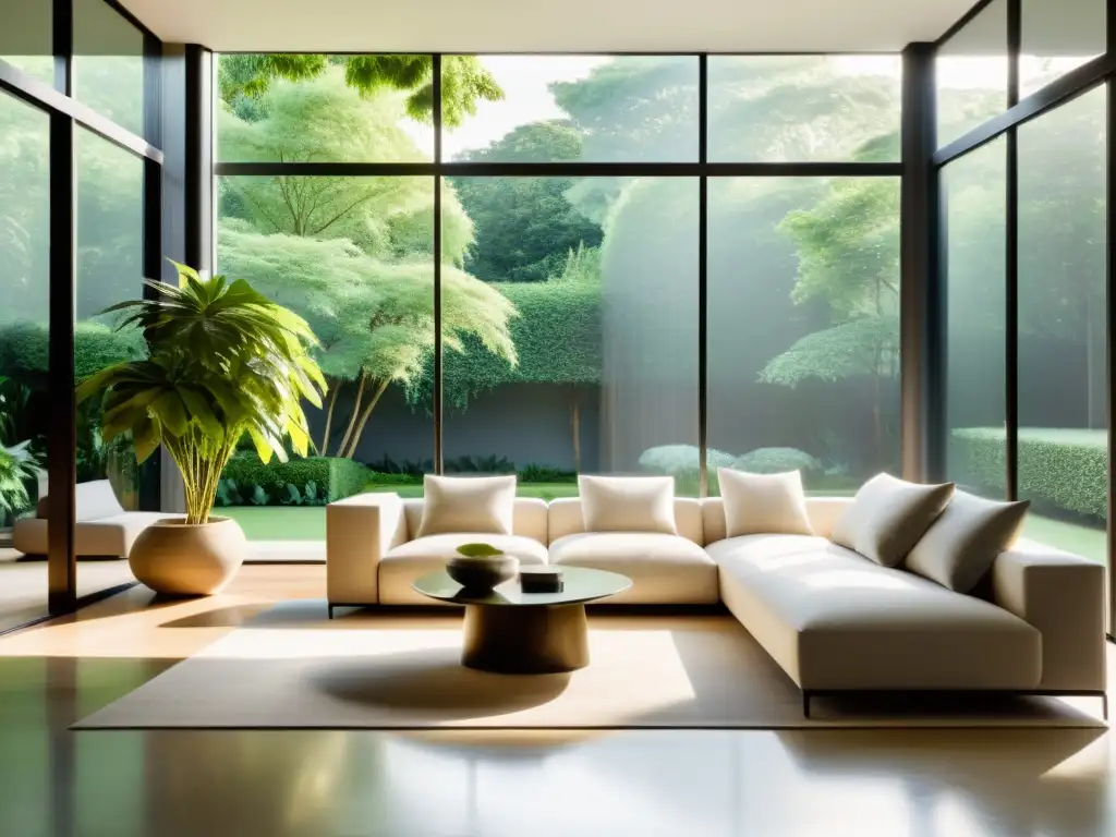 Salón minimalista con ventilación natural, armonía y Feng Shui en jardín exuberante