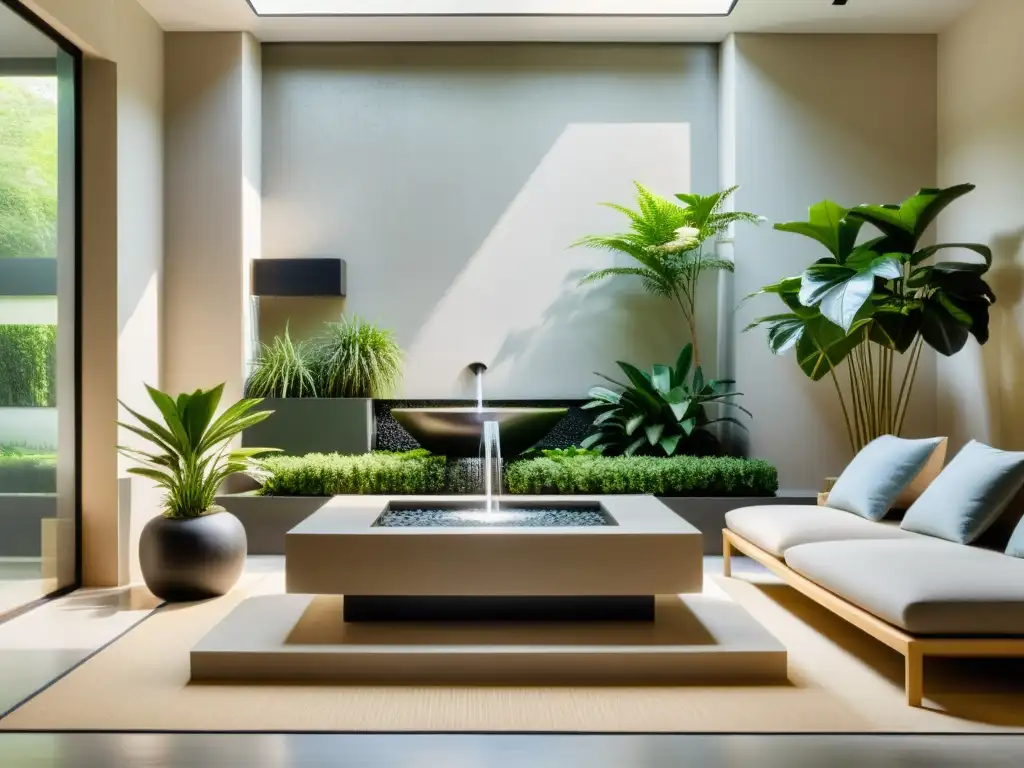 Un salón minimalista con fuente de agua y dragones, equilibrando la energía según el Feng Shui