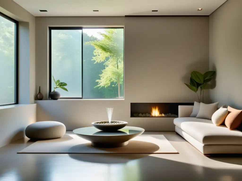 Salón minimalista con fuerza vital Qi en Feng Shui, luz natural y armonía en muebles, plantas y arte