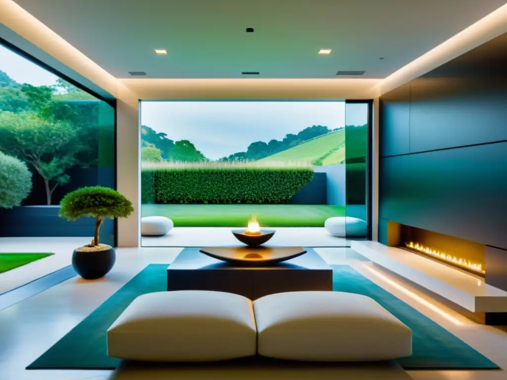 Un salón minimalista y futurista con elementos de Feng Shui, iluminación suave y paisaje equilibrado