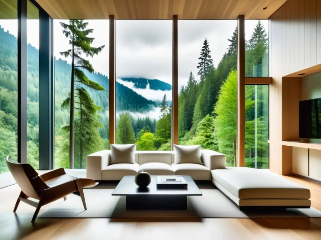 Un salón minimalista y futurista con vista a un bosque, armonización hogar Feng Shui naturaleza