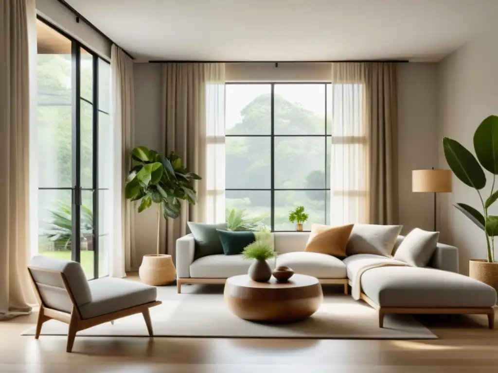 Salón minimalista con Feng Shui para un futuro sostenible, inundado de luz natural y equilibrio con plantas y materiales naturales