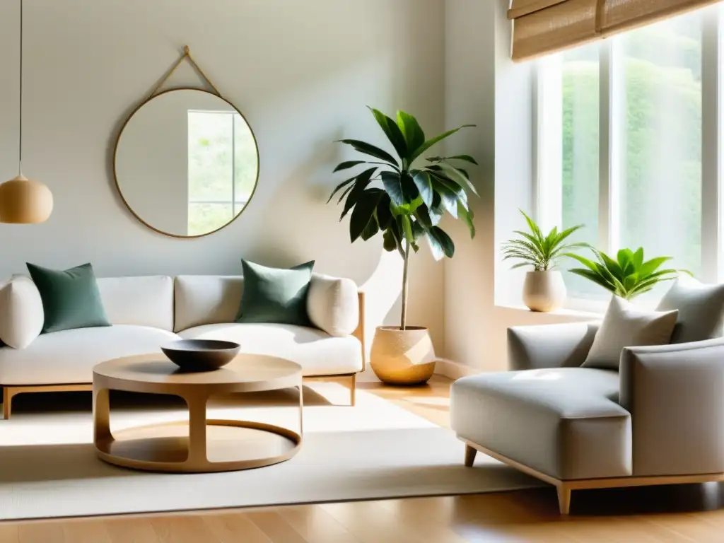 Salón minimalista con herramientas ecológicas feng shui hogar, luz natural y armonía tranquila