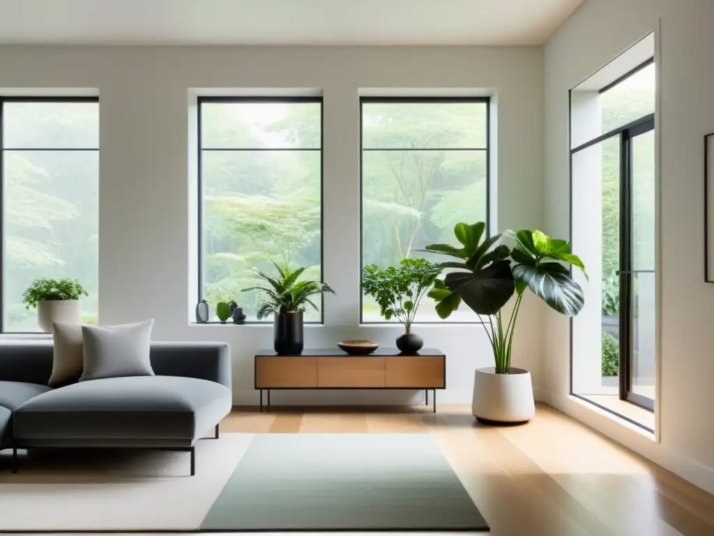 Salón minimalista con Feng Shui para armonización del hogar, luz natural, plantas y reciclaje integrado