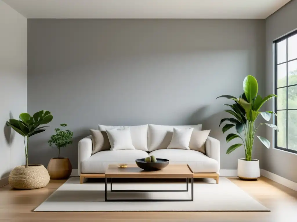 Salón minimalista con impacto de colores y texturas, armonizando el minimalismo y el Feng Shui