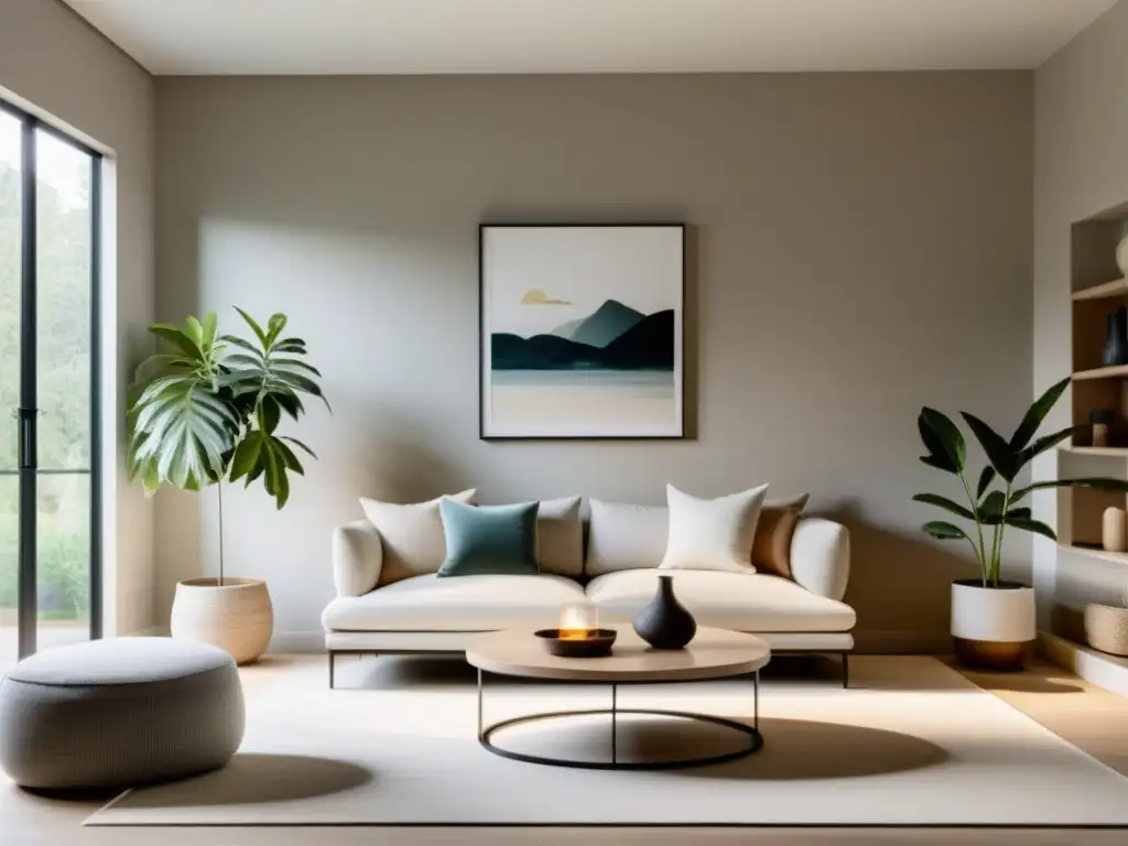 Salón minimalista con impacto de colores, texturas y armonía feng shui