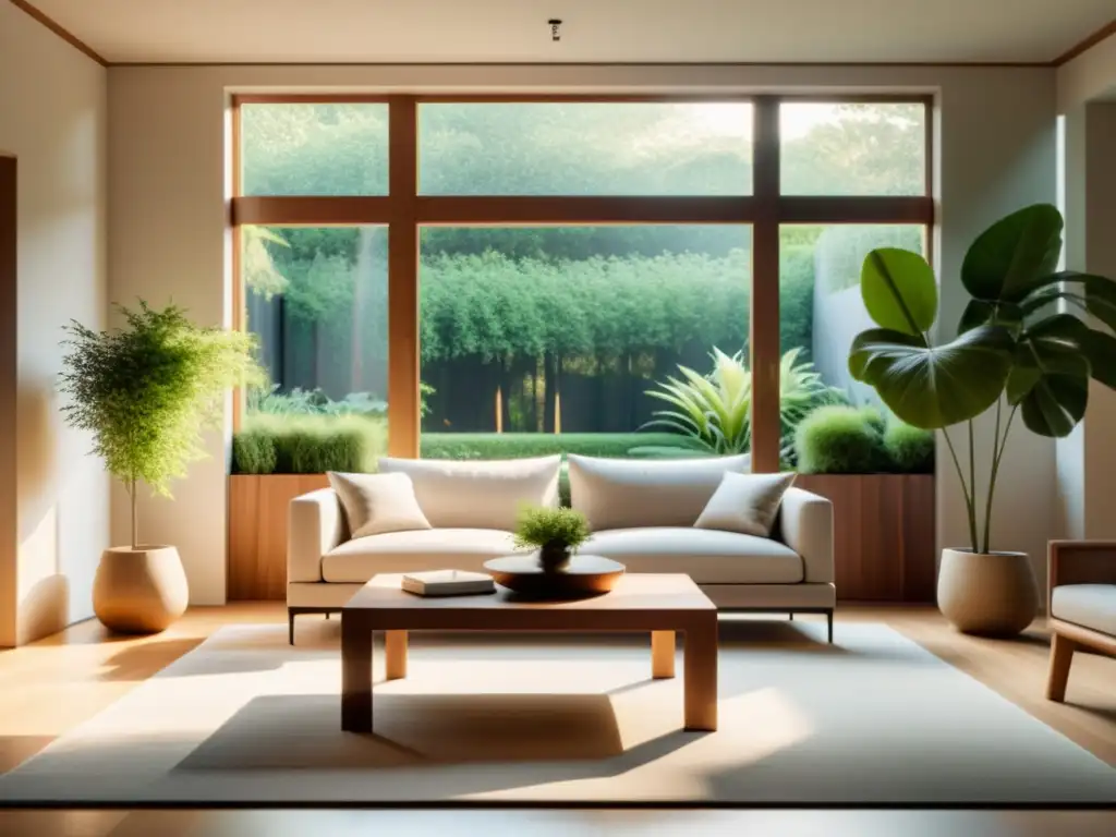 Salón minimalista con impacto energético: elementos decorativos naturales, luz cálida y tranquilidad del jardín