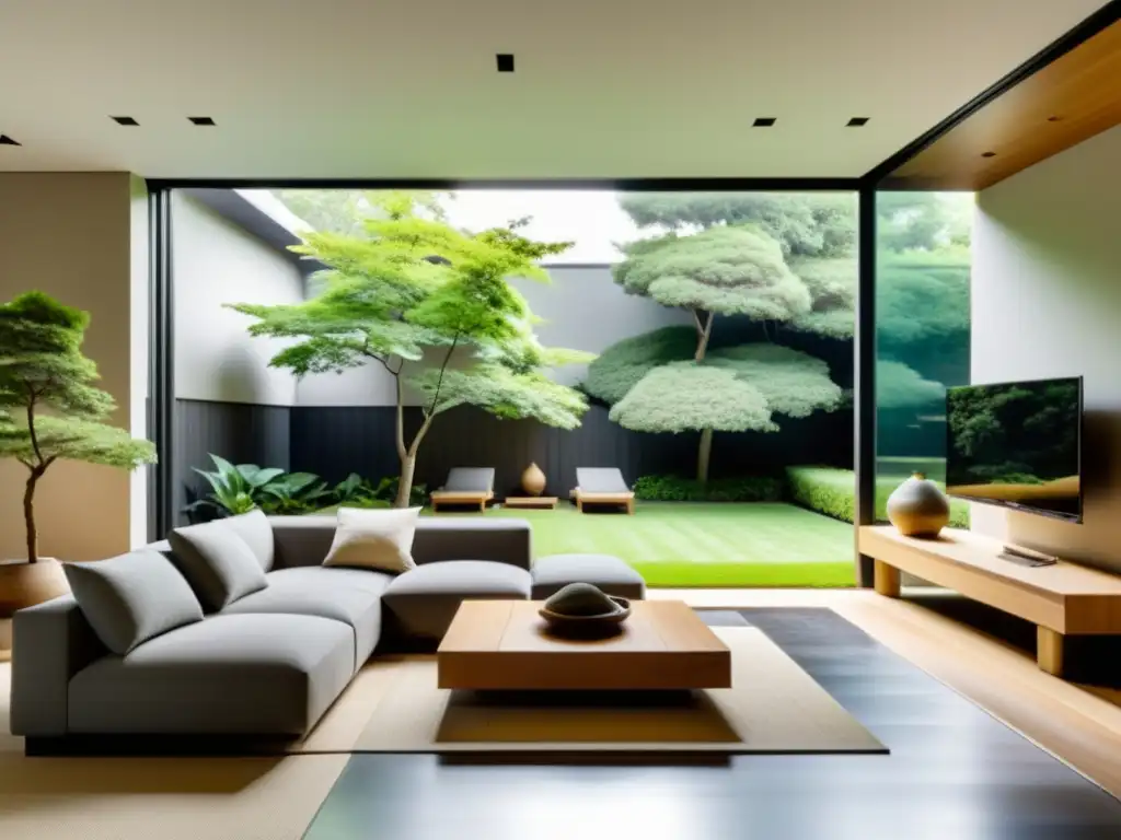 Salón minimalista con influencia budista y evolución del Feng Shui, ventana grande con vista al jardín tranquilo