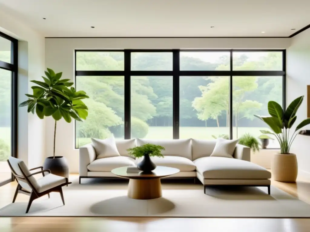 Salón minimalista con influencia de Feng Shui y Geomancia, equilibrado y armonioso, con luz natural y atmósfera serena