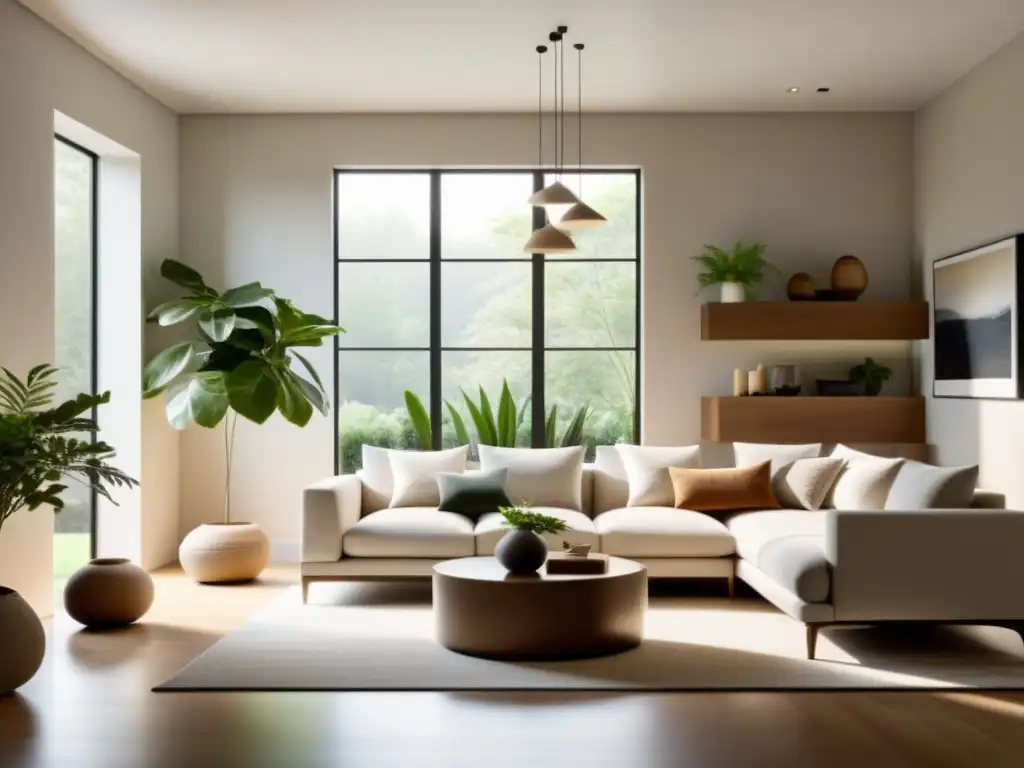 Salón minimalista con influencia de líneas de ley en la vivienda, decorado con armonía y naturalidad, iluminado por luz natural