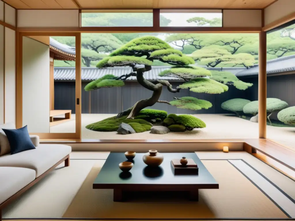 Un salón minimalista con influencias orientales y occidentales, bañado en luz natural y armonía, representando el Feng Shui en hogares multiculturales