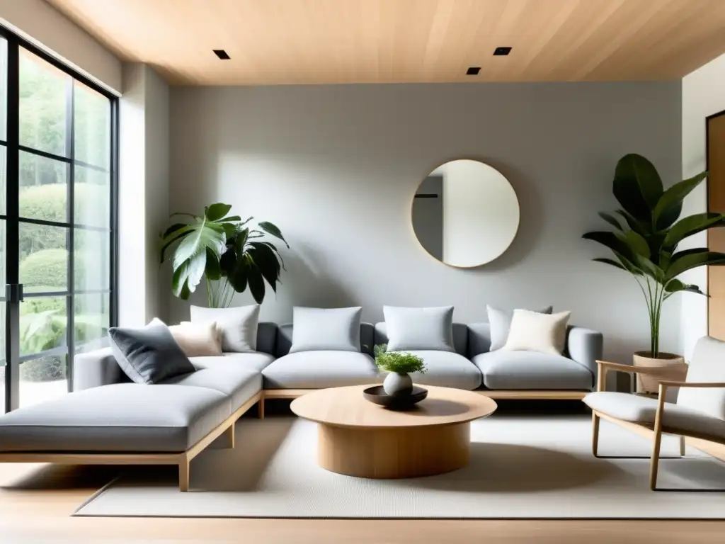 Salón minimalista con integración de la filosofía Feng Shui en diseño moderno, con líneas limpias y luz natural