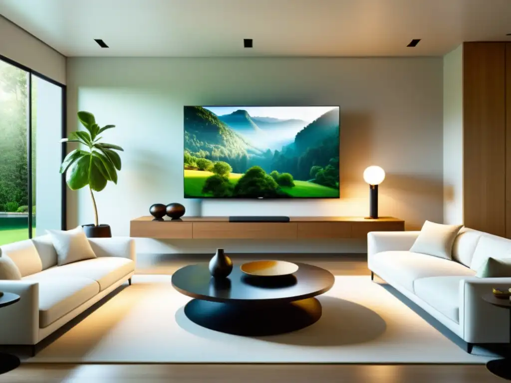 Salón minimalista con Smart TV integrado en diseño Feng Shui, creando armonía en el espacio