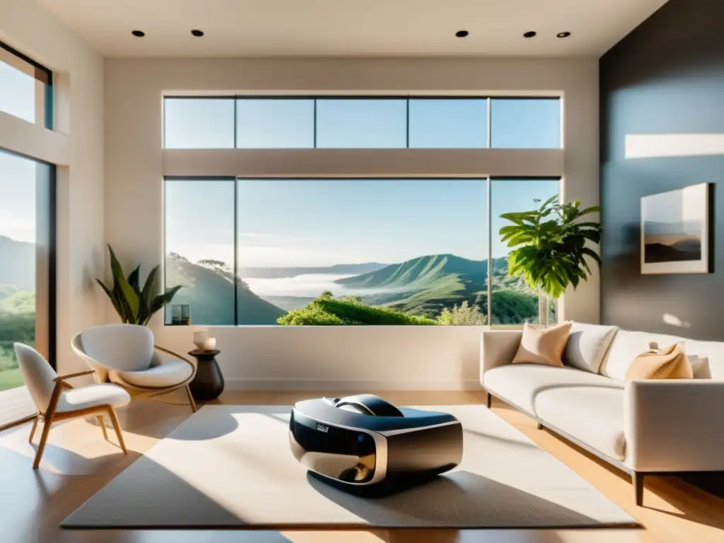 Un salón minimalista con Feng Shui integrado y realidad virtual proyectada en la pared