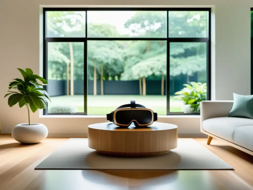 Un salón minimalista con Feng Shui integrado con realidad virtual, bañado en luz natural y con un jardín tranquilo al fondo