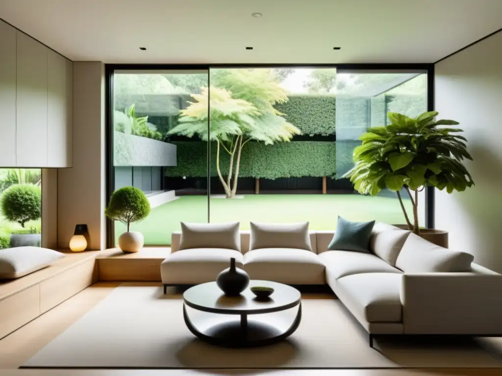 Salón minimalista con diseño de interiores basado en Feng Shui, armonía y equilibrio en un espacio tranquilo con vistas al jardín