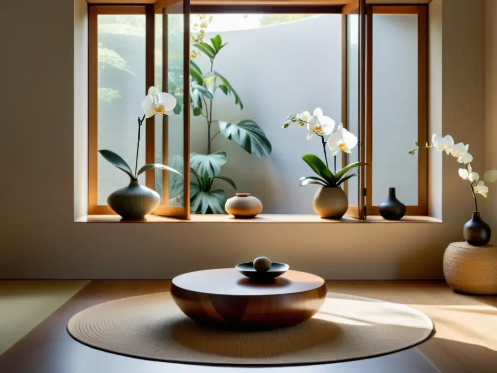 Un salón minimalista con diseño de interiores Feng Shui para seniors, mesa japonesa de madera, orquídea y cojines en tonos tierra