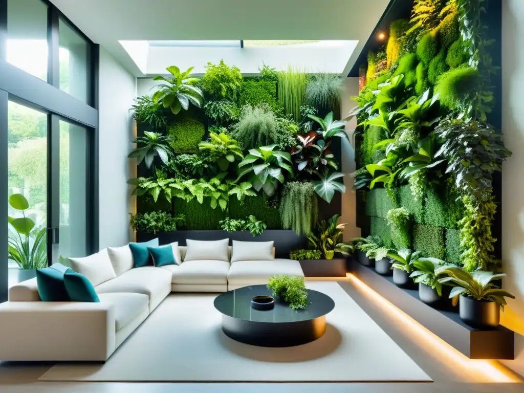 Un salón minimalista con jardines verticales para armonía energética