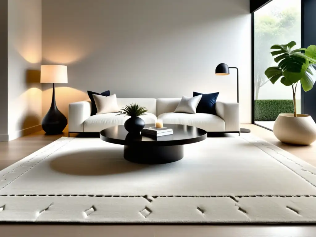 Salón minimalista de lujo con impacto de los textiles en feng shui: suave alfombra blanca de fibras naturales y elegante diseño, potenciando armonía